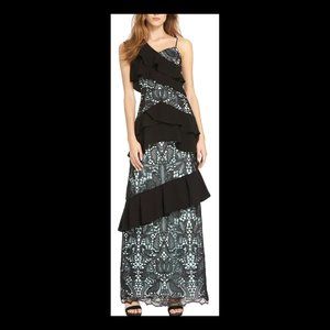 Monique Lhuillier Black Light Blue Lace Ruffle Maxi Dress Gown Size 14 NWT